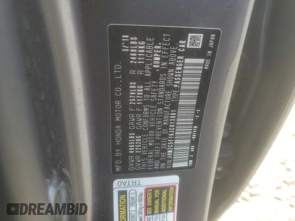 2018 Honda Clarity Plug-In Hybrid with VIN JHMZC5F16JC013801, listed as a Copart auction lot 59031844 with 68,907 mi miles and Salvage Title. Bid and sale history available at carsss.com. Image 13.
