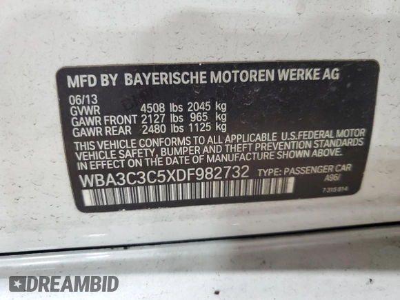 2013 BMW 3 Series 320i xDrive with VIN WBA3C3C5XDF982732, listed as a Copart auction lot 62852385 with 134,466 mi miles and Salvage title. Bid and sale history available at DreamBid. Image 13.