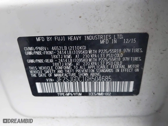 2016 Subaru Forester 2.0XT Premium with VIN JF2SJGDC1GH504685, listed as a IAAI auction lot 41444148 with 138,188 mi miles. Bid and sale history available at carsss.com. Image 9.