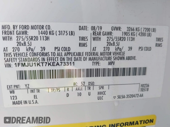 2019 Ford Expedition Limited with VIN 1FMJU1KT7KEA73311, listed as a IAAI auction lot 41678637 with 120,695 mi miles and . Bid and sale history available at DreamBid. Image 9.