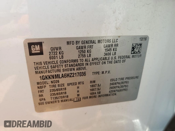2017 GMC Acadia SLT with VIN 1GKKNMLA6HZ217036, listed as a Copart auction lot 59484335 with 160,985 mi miles and Salvage title. Bid and sale history available at DreamBid. Image 14.