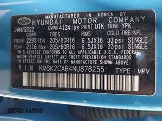 2022 Hyundai Kona SE with VIN KM8K2CAB4NU878255, listed as a IAAI auction lot 41630995 with 36,856 mi miles. Bid and sale history available at carsss.com. Image 9.