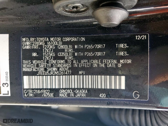 2022 Toyota 4Runner SR5 with VIN JTEEU5JR2N5261477, listed as a Copart auction lot 48479755 with 56,782 mi miles and Salvage Title. Bid and sale history available at carsss.com. Image 13.