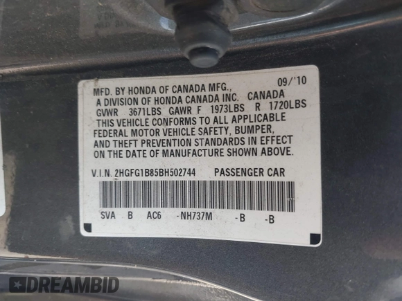 2011 Honda Civic Cpe EX with VIN 2HGFG1B85BH502744, listed as a IAAI auction lot 42010434 with 266,293 mi miles. Bid and sale history available at carsss.com. Image 9.