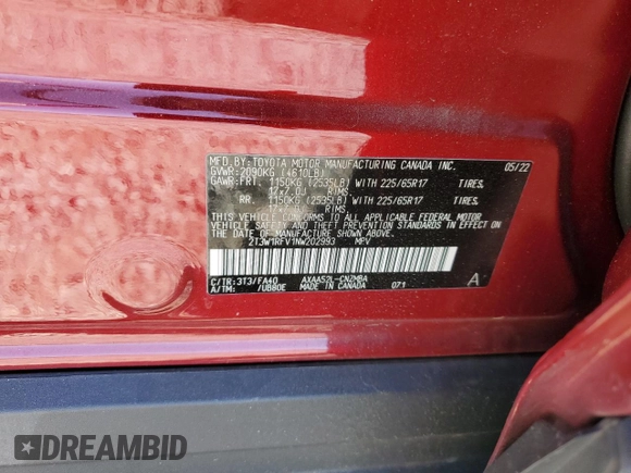 2022 Toyota RAV4 XLE with VIN 2T3W1RFV1NW202993, listed as a Copart auction lot 50620845 with 34,644 mi miles and Salvage title. Bid and sale history available at DreamBid. Image 13.