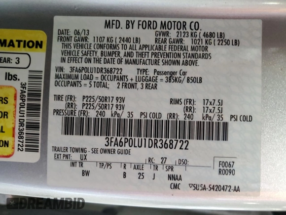 2013 Ford Fusion SE Hybrid with VIN 3FA6P0LU1DR368722, listed as a Copart auction lot 54738695 with 201,326 mi miles and Clean title. Bid and sale history available at DreamBid. Image 12.