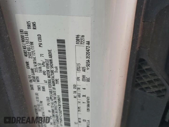 2015 Ford Transit Cargo с VIN 1FTNR1CG2FKB10801, выставлен на аукционе Copart как лот 60670485 с пробегом 71 183 миль миль и Чистый • Clean title. История ставок и продаж доступна на DreamBid. Изображение 13.