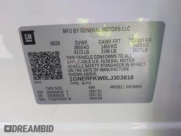 2020 Chevrolet Traverse LS with VIN 1GNERFKW0LJ303818, listed as a IAAI auction lot 42170427 with 67,517 mi miles and . Bid and sale history available at DreamBid. Image 9.