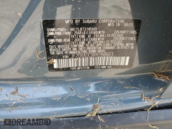 2024 Subaru Crosstrek Premium with VIN JF2GUADC9RH288663, listed as a Copart auction lot 59472505 with Not provided miles and Salvage title. Bid and sale history available at DreamBid. Image 13.