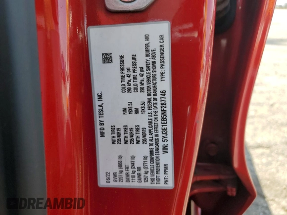 2022 Tesla Model 3 Long Range with VIN 5YJ3E1EB5NF287746, listed as a Copart auction lot 55124115 with 99,767 mi miles and Clean Title. Bid and sale history available at DreamBid. Image 12.