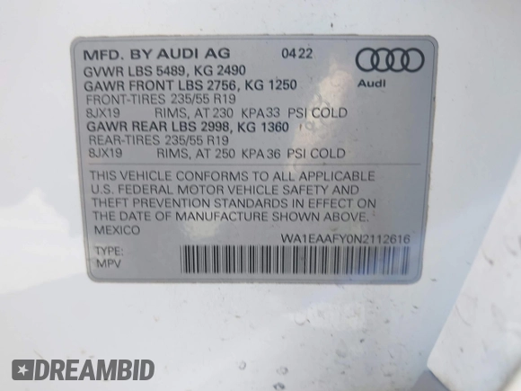 2022 Audi Q5 S line Premium Plus with VIN WA1EAAFY0N2112616, listed as a IAAI auction lot 42011925 with 67,076 mi miles and . Bid and sale history available at DreamBid. Image 9.