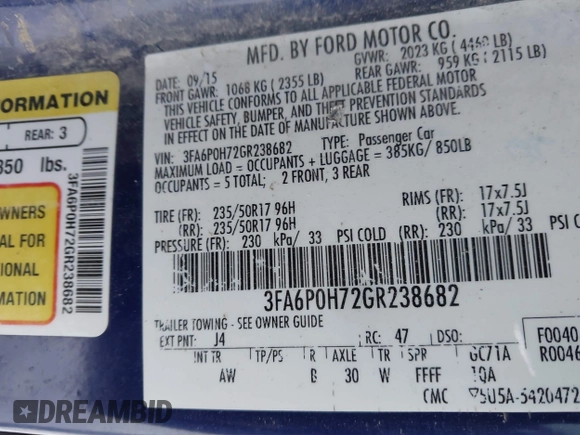 2016 Ford Fusion SE with VIN 3FA6P0H72GR238682, listed as a IAAI auction lot 41320864 with 183,947 mi miles. Bid and sale history available at carsss.com. Image 9.