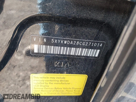2012 Kia Sorento SX with VIN 5XYKWDA28CG271014, listed as a IAAI auction lot 41401638 with 135,772 mi miles. Bid and sale history available at carsss.com. Image 9.
