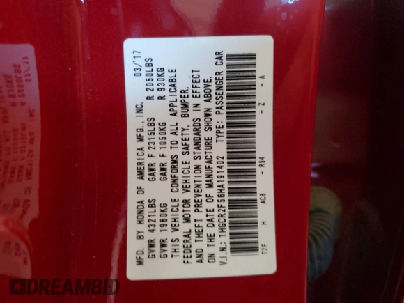 2017 Honda Accord Sedan Sport with VIN 1HGCR2F56HA191402, listed as a Copart auction lot 53329205 with 39,363 mi miles and Salvage Title. Bid and sale history available at carsss.com. Image 13.