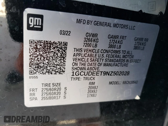 2022 Chevrolet Silverado 1500 RST with VIN 1GCUDEET9NZ502028, listed as a Copart auction lot 44854605 with 50,146 mi miles and Salvage Title. Bid and sale history available at DreamBid. Image 14.