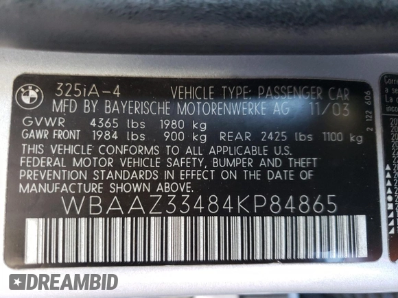2004 BMW 3 Series 325i with VIN WBAAZ33484KP84865, listed as a Copart auction lot 88131635 with 108,161 mi miles and Salvage Title. Bid and sale history available at carsss.com. Image 12.