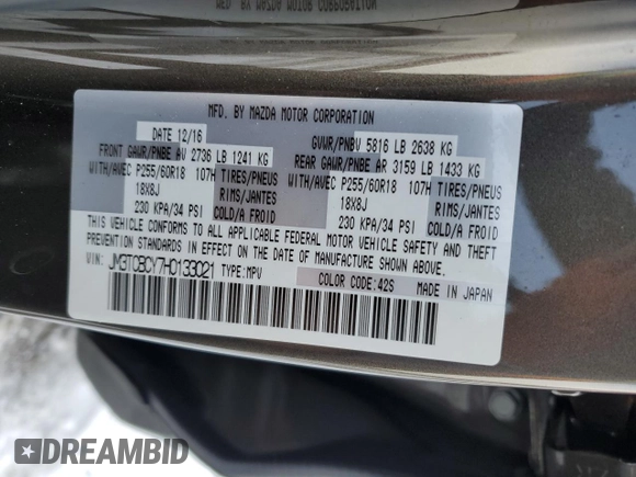 2017 Mazda CX-9 Touring with VIN JM3TCBCY7H0133021, listed as a Copart auction lot 88867955 with 166,045 mi miles and Clean Title. Bid and sale history available at carsss.com. Image 13.
