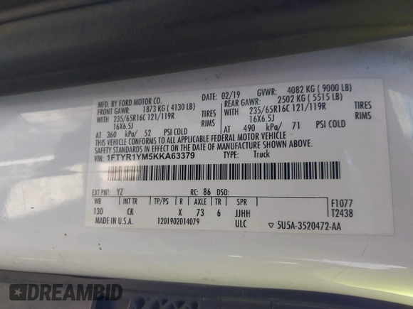2019 Ford Transit с VIN 1FTYR1YM5KKA63379, выставлен на аукционе IAAI как лот 41817487 с пробегом 106 573 миль миль и . История ставок и продаж доступна на DreamBid. Изображение 9.