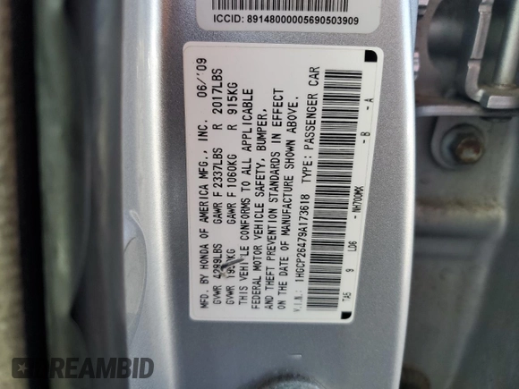 2009 Honda Accord LX-P с VIN 1HGCP26479A173618, выставлен на аукционе Copart как лот 52258705 с пробегом 172 880 миль миль и Списание • Salvage title. История ставок и продаж доступна на DreamBid. Изображение 15.