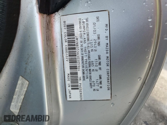 2003 Mazda MX-5 Miata Cloth z VIN JM1NB353630305964, wystawiony jako Copart lot #58517505 z przebiegiem 129 675 mil mil oraz Szkoda całkowita • Salvage title. Historia ofert i sprzedaży dostępna na DreamBid. Obrazek 12.