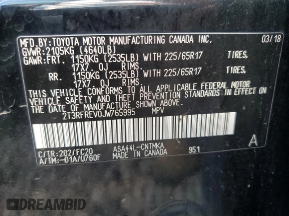 2018 Toyota RAV4 XLE with VIN 2T3RFREV0JW765995, listed as a Copart auction lot 63968785 with 114,598 mi miles and Salvage title. Bid and sale history available at DreamBid. Image 13.