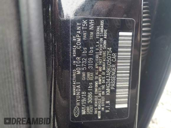 2019 Genesis G90 Premium with VIN KMHG34JA8KU050754, listed as a Copart auction lot 72037554 with 52,318 mi miles and Salvage Title. Bid and sale history available at carsss.com. Image 13.