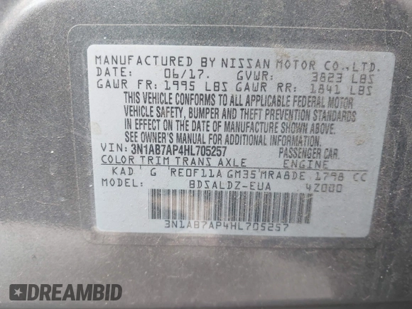 2017 Nissan Sentra SR with VIN 3N1AB7AP4HL705257, listed as a IAAI auction lot 41889430 with 135,061 mi miles and . Bid and sale history available at carsss.com. Image 9.