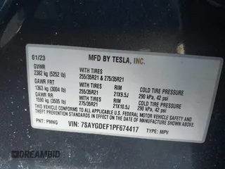 2023 Tesla Model Y Performance with VIN 7SAYGDEF1PF674417, listed as a IAAI auction lot 41421594 with 28,928 mi miles and . Bid and sale history available at DreamBid. Image 9.