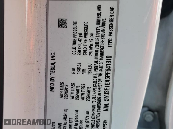 2023 Tesla Model 3 с VIN 5YJ3E1EA5PF641310, выставлен на аукционе Copart как лот 54759305 с пробегом 53 670 миль миль и Списание • Salvage title. История ставок и продаж доступна на DreamBid. Изображение 13.