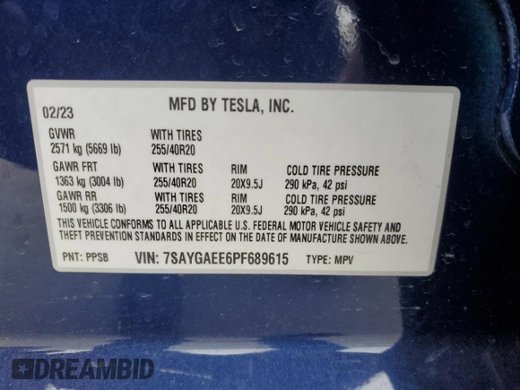 2023 Tesla Model Y Long Range with VIN 7SAYGAEE6PF689615, listed as a Copart auction lot 50999385 with 16,514 mi miles and Salvage Title. Bid and sale history available at DreamBid. Image 14.