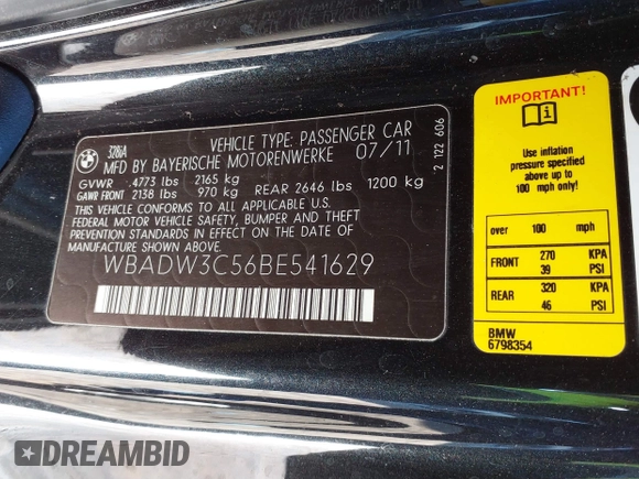 2011 BMW 3 Series 328i with VIN WBADW3C56BE541629, listed as a IAAI auction lot 41328198 with 150,359 mi miles. Bid and sale history available at carsss.com. Image 9.