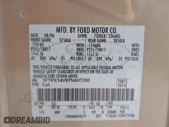 2007 Ford F-150 XLT z VIN 1FTPX14V97NA07290, wystawiony jako IAAI lot #42468839 z przebiegiem 160 463 mil mil oraz . Historia ofert i sprzedaży dostępna na DreamBid. Obrazek 9.