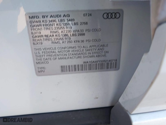 2024 Audi Q5 S line Premium with VIN WA1GAAFYXR2145718, listed as a IAAI auction lot 41261471 with 2,272 mi miles. Bid and sale history available at carsss.com. Image 9.