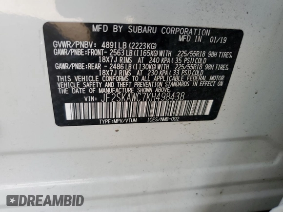 2019 Subaru Forester Touring with VIN JF2SKAWC7KH498438, listed as a Copart auction lot 61210595 with 65,754 mi miles and Salvage title. Bid and sale history available at DreamBid. Image 12.