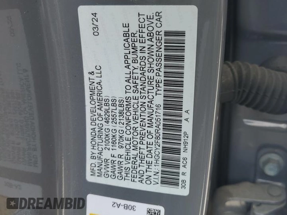 2024 Honda Accord Touring с VIN 1HGCY2F80RA051716, выставлен на аукционе Copart как лот 54954045 с пробегом 14 136 миль миль и Списание • Salvage title. История ставок и продаж доступна на DreamBid. Изображение 12.