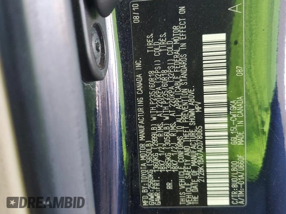 2010 Lexus RX 350 with VIN 2T2BK1BA7AC078065, listed as a Copart auction lot 48967525 with 149,858 mi miles and Salvage title. Bid and sale history available at DreamBid. Image 12.