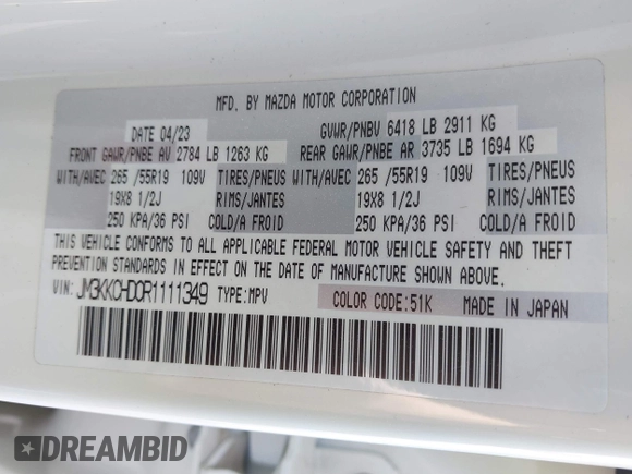 2024 Mazda CX-90 Preferred Plus with VIN JM3KKCHD0R1111349, listed as a IAAI auction lot 41881680 with 24,120 mi miles and . Bid and sale history available at DreamBid. Image 9.