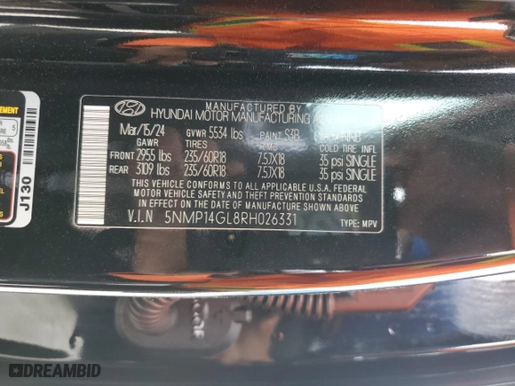2024 Hyundai Santa Fe SE with VIN 5NMP14GL8RH026331, listed as a Copart auction lot 46529865 with 31,255 mi miles and Salvage Title. Bid and sale history available at carsss.com. Image 15.