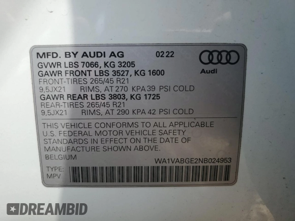 2022 Audi e-tron Chronos with VIN WA1VABGE2NB024953, listed as a Copart auction lot 60561975 with 30,503 mi miles and Salvage title. Bid and sale history available at DreamBid. Image 13.
