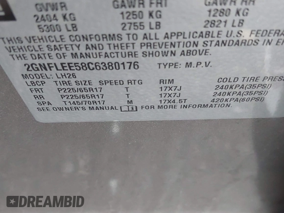 2012 Chevrolet Equinox LT w/1LT with VIN 2GNFLEE58C6380176, listed as a IAAI auction lot 37668158 with 128,958 mi miles. Bid and sale history available at carsss.com. Image 9.