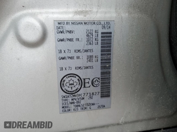 2015 Nissan Rogue SL with VIN 5N1AT2MV3FC771827, listed as a Copart auction lot 47189705 with Not Provided miles and Non Repairable. Bid and sale history available at carsss.com. Image 13.