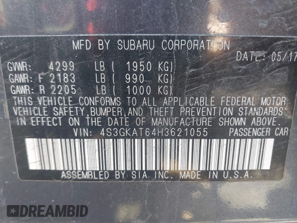 2017 Subaru Impreza Limited with VIN 4S3GKAT64H3621055, listed as a IAAI auction lot 42031908 with 142,595 mi miles and . Bid and sale history available at DreamBid. Image 9.