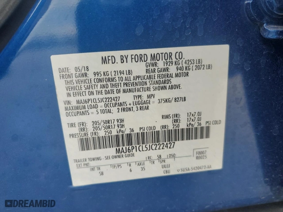 2018 Ford EcoSport SES with VIN MAJ6P1CL5JC222427, listed as a Copart auction lot 47566025 with 59,276 mi miles and Salvage Title. Bid and sale history available at carsss.com. Image 13.