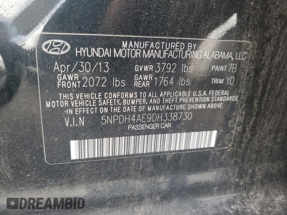 2013 Hyundai Elantra GLS with VIN 5NPDH4AE9DH338730, listed as a Copart auction lot 61090885 with 109,014 mi miles and Salvage title. Bid and sale history available at DreamBid. Image 12.