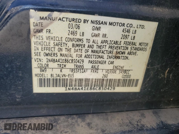 2006 Nissan Maxima 3.5 SE with VIN 1N4BA41E86C850429, listed as a Copart auction lot 47683615 with 137,776 mi miles and Salvage Title. Bid and sale history available at carsss.com. Image 13.
