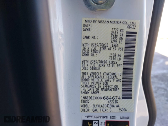 2022 Nissan Frontier S with VIN 1N6ED1CMXNN684674, listed as a IAAI auction lot 41269045 with Not provided miles and . Bid and sale history available at DreamBid. Image 9.
