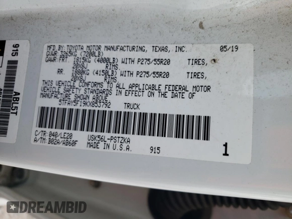 2019 Toyota Tundra SR5 z VIN 5TFAY5F19KX853792, wystawiony jako Copart lot #88676095 z przebiegiem 56 109 mil mil oraz Szkoda całkowita • Salvage title. Historia ofert i sprzedaży dostępna na DreamBid. Obrazek 12.