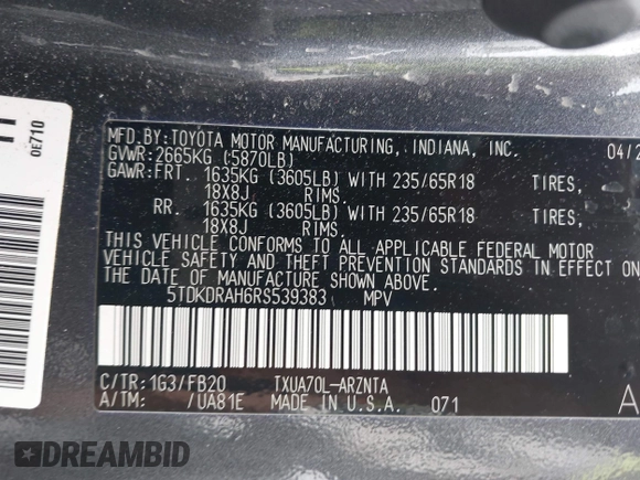 2024 Toyota Highlander LE z VIN 5TDKDRAH6RS539383, wystawiony jako IAAI lot #42267073 z przebiegiem 26 293 mil mil oraz . Historia ofert i sprzedaży dostępna na DreamBid. Obrazek 9.