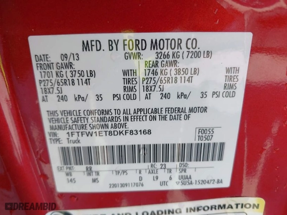 2013 Ford F-150 XL with VIN 1FTFW1ET8DKF83168, listed as a IAAI auction lot 41240698 with 144,977 mi miles. Bid and sale history available at carsss.com. Image 9.