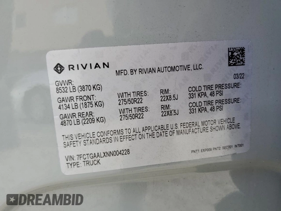2022 Rivian R1T Launch Edition z VIN 7FCTGAALXNN004228, wystawiony jako Copart lot #43226985 z przebiegiem 4 mil mil oraz Szkody całkowita. Historia ofert i sprzedaży dostępna na DreamBid. Obrazek 13.